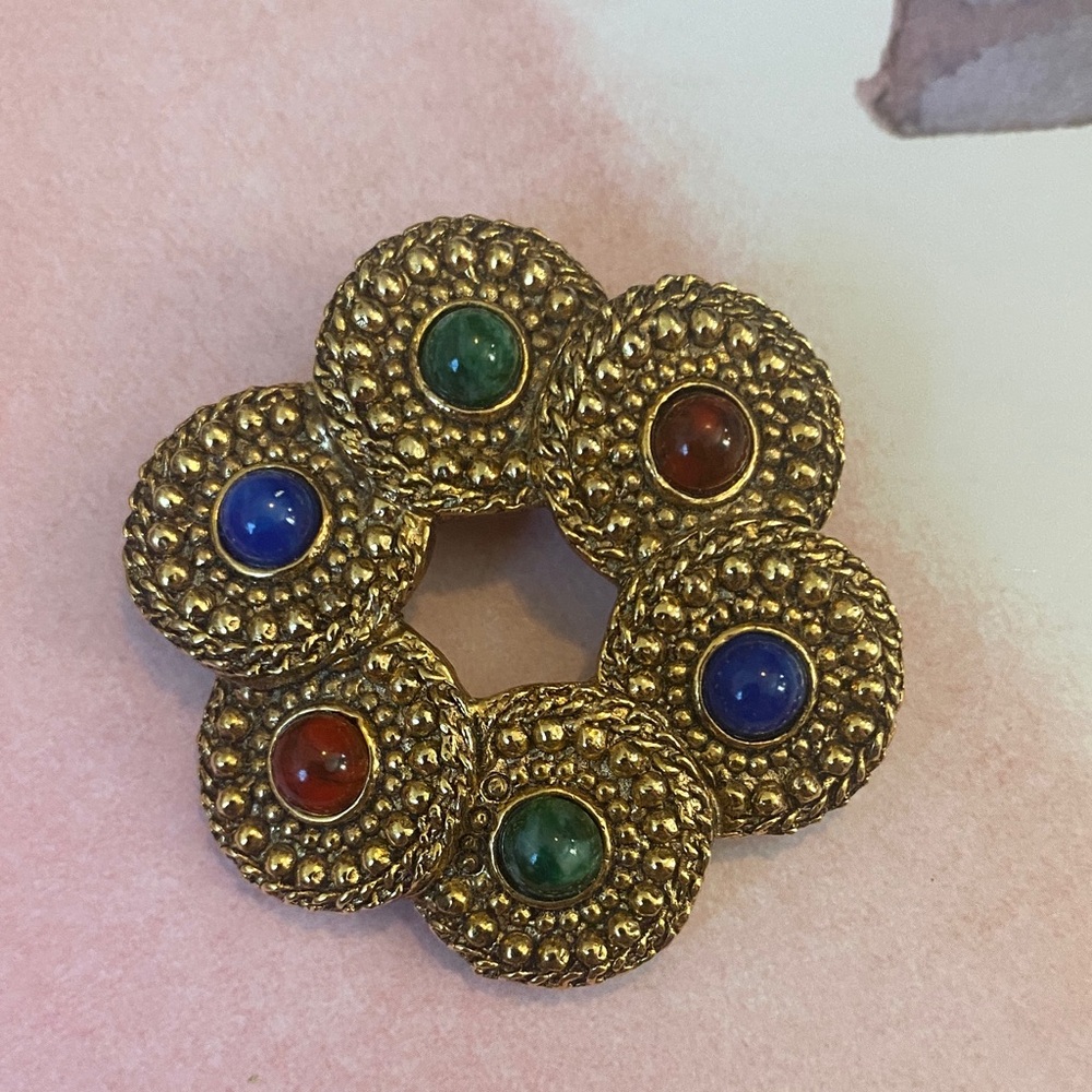 Vintage Gold Brooch Moroccan With Colorful Cabochons